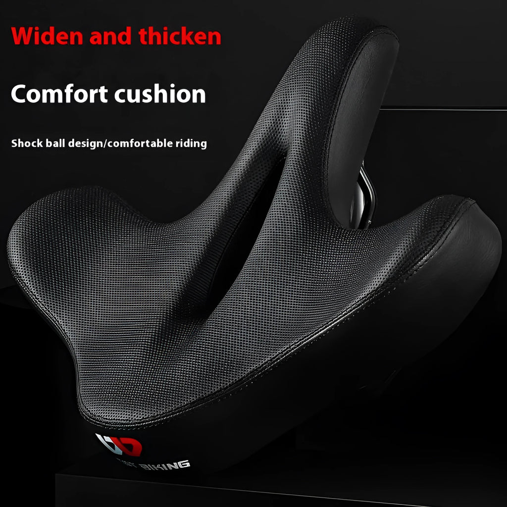 Black leather bicycle seat cushion with thick foam padding on a bike saddle.