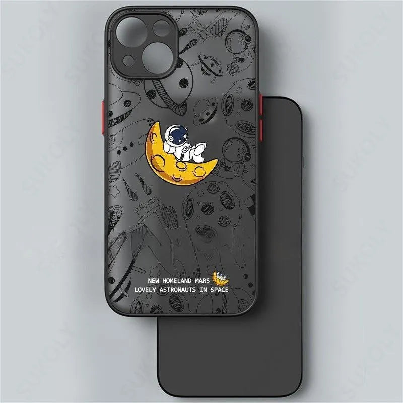 Astronaut moon cartoon iPhone TPU back cover in black, blue, dark night green or football colour