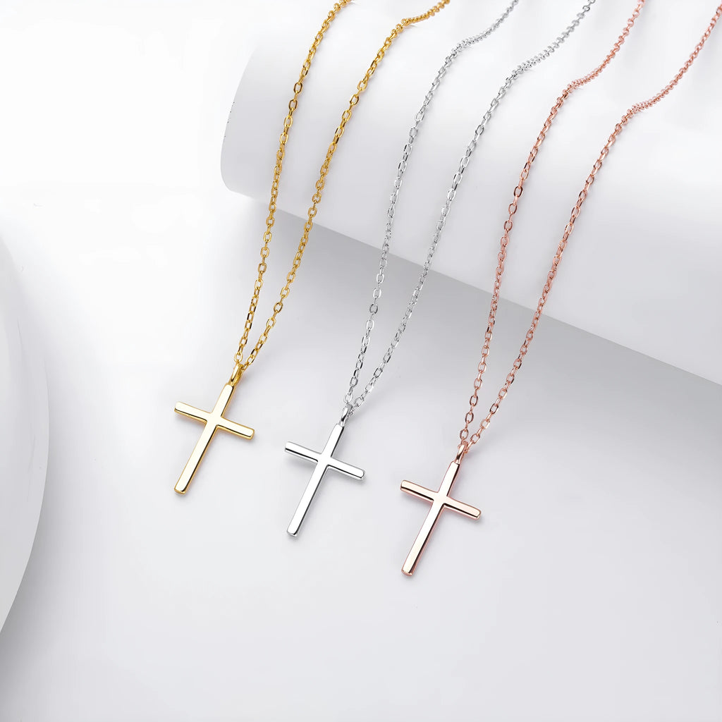 S925 sterling silver necklace with glossy cross pendant on O-chain in gold, platinum, or rose gold plating.