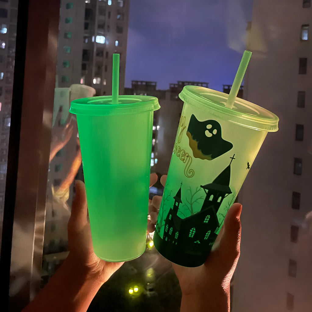 720ml plastic Halloween luminous straw cup with colourful design