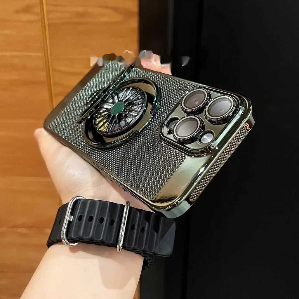 Gyro rotating bracket PC phone case for iPhone, shockproof with magnetic suction, electroplated finish