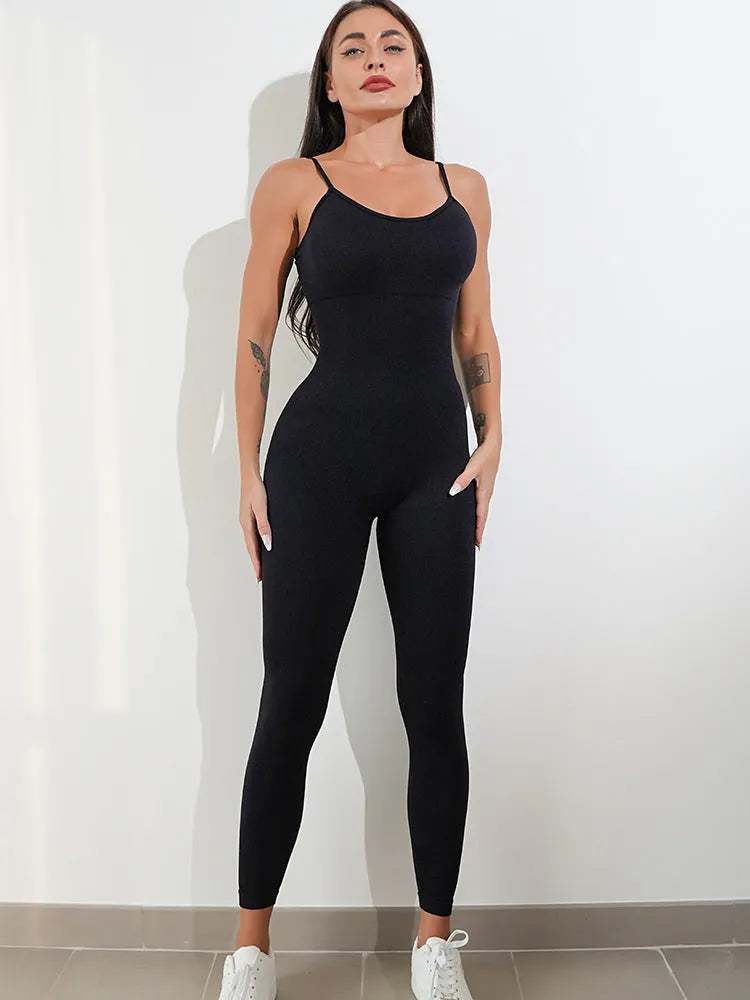 Women's black sleeveless jumpsuit with spaghetti straps and tummy control