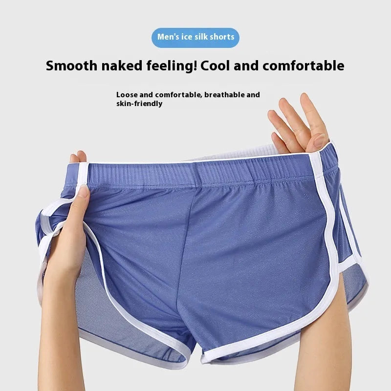 Men's ice silk mesh boxer shorts in a low waist design, shown in various colours including black, white, and army green.