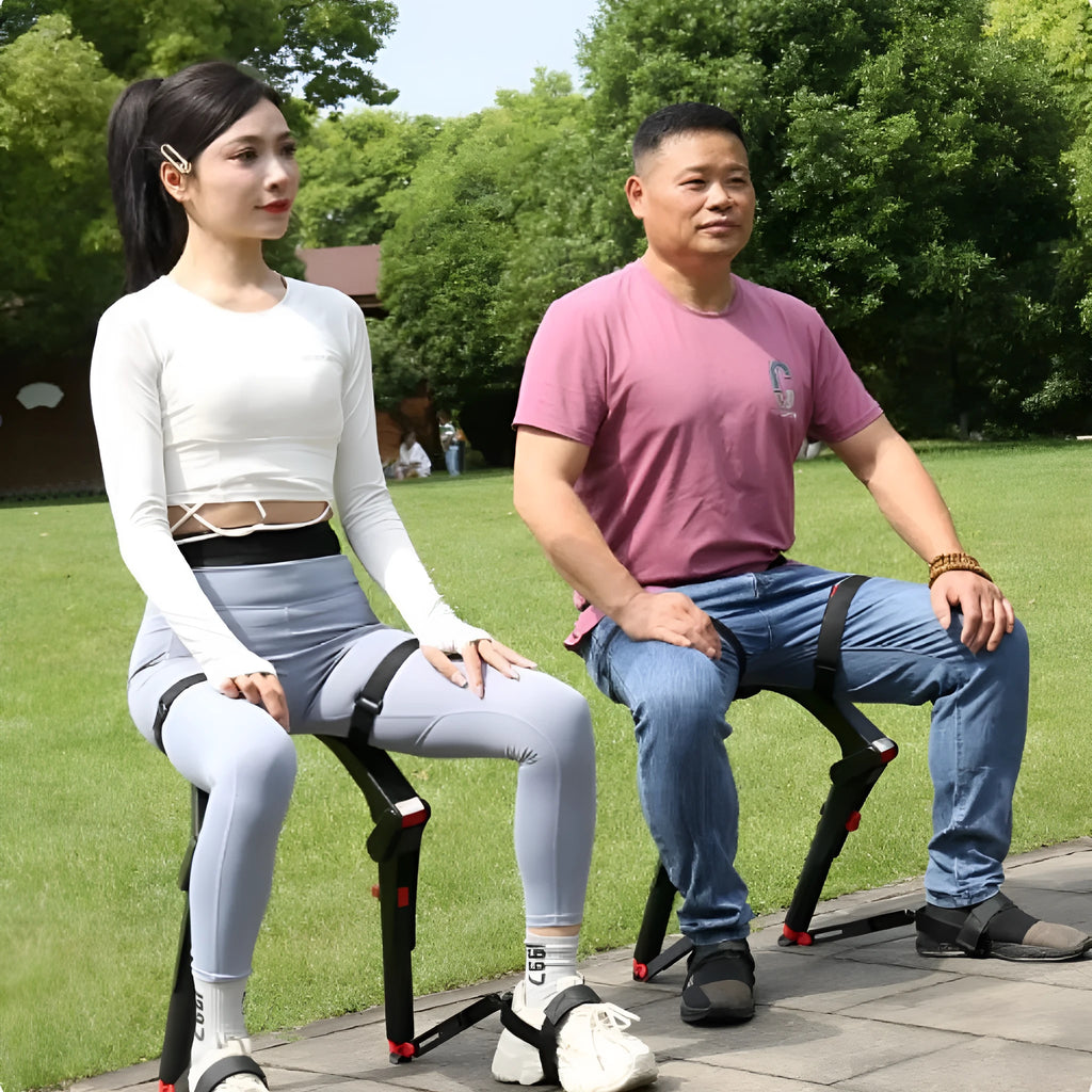 Wearable seat in PA nylon material, CN300 model, all black colour, on outdoor ground