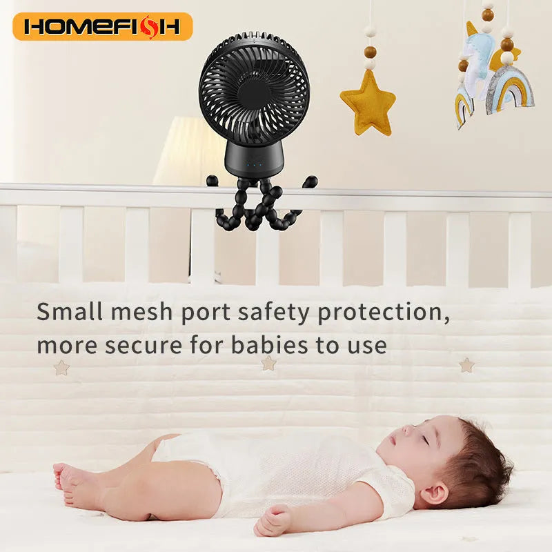 HOMEFISH handheld fan with mounting bracket attached, showing removable front mesh guard.