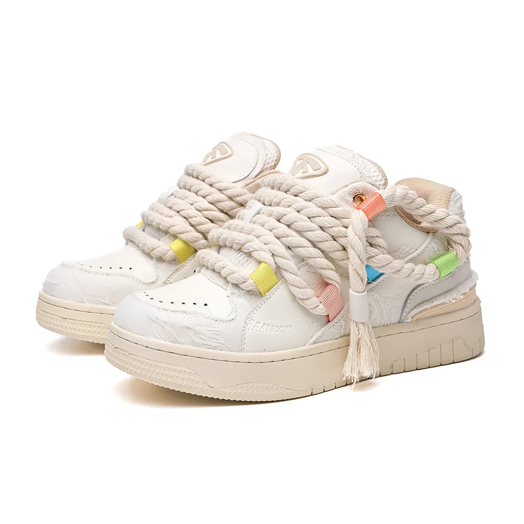 Creamy white retro skateboard shoes with lace-up front and low platform heel