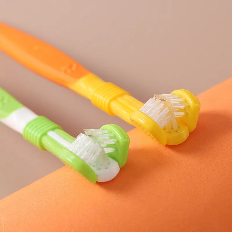 Pet toothbrush oral cleaning product in various colours including orange, green, yellow, blue pink, and black yellow