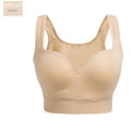 Women's reinforced shockproof sports bra showing fixed double-shoulder straps and 3/4 cup design