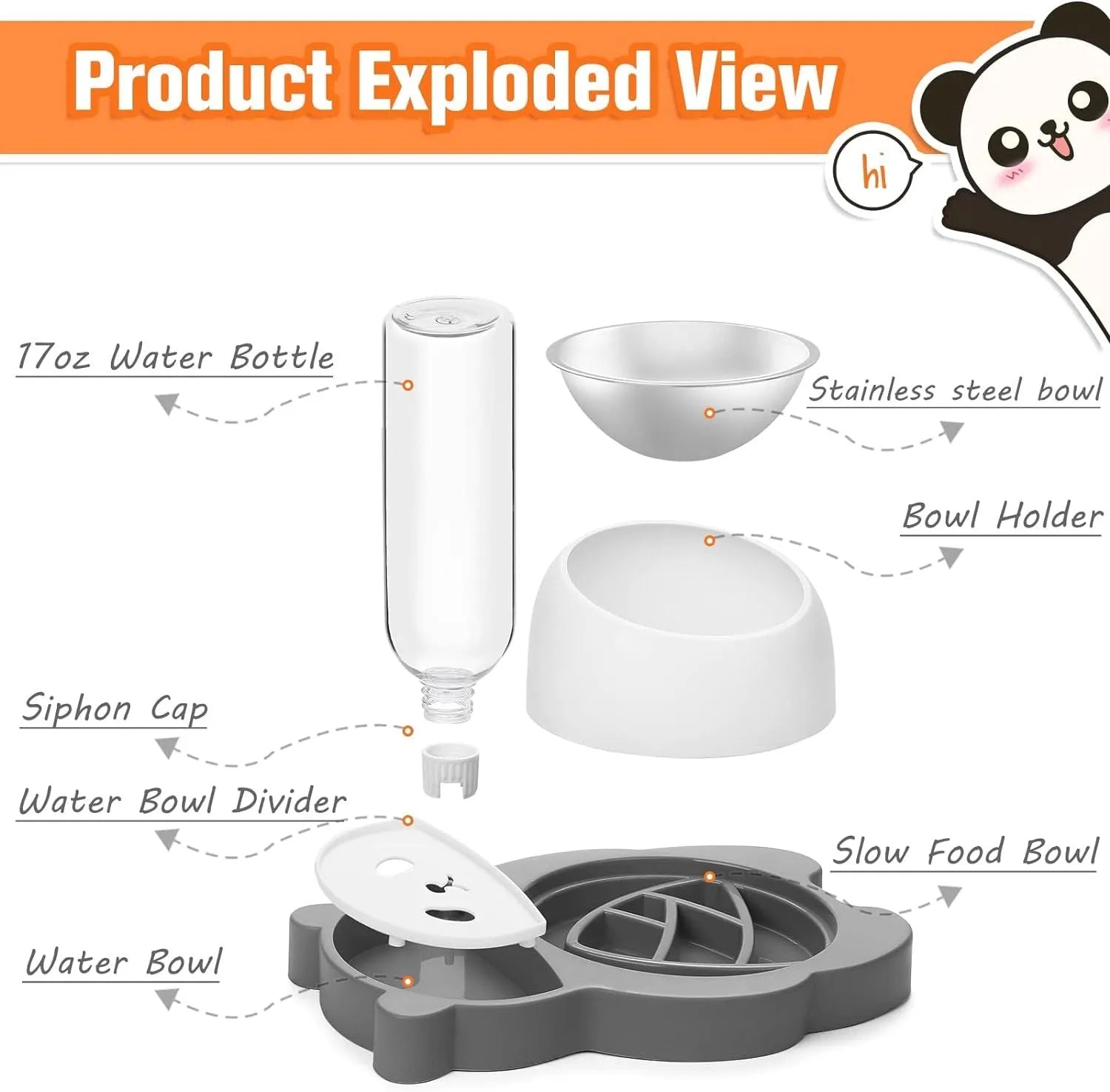 Grey panda-design automatic pet feeder with water bottle and tilted stainless steel bowls