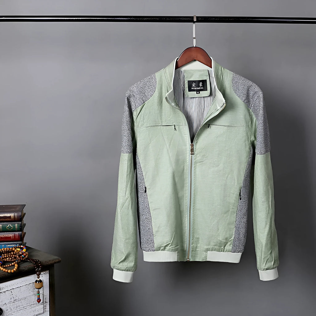 Men's thin cotton linen jacket in blue, displayed on a hanger
