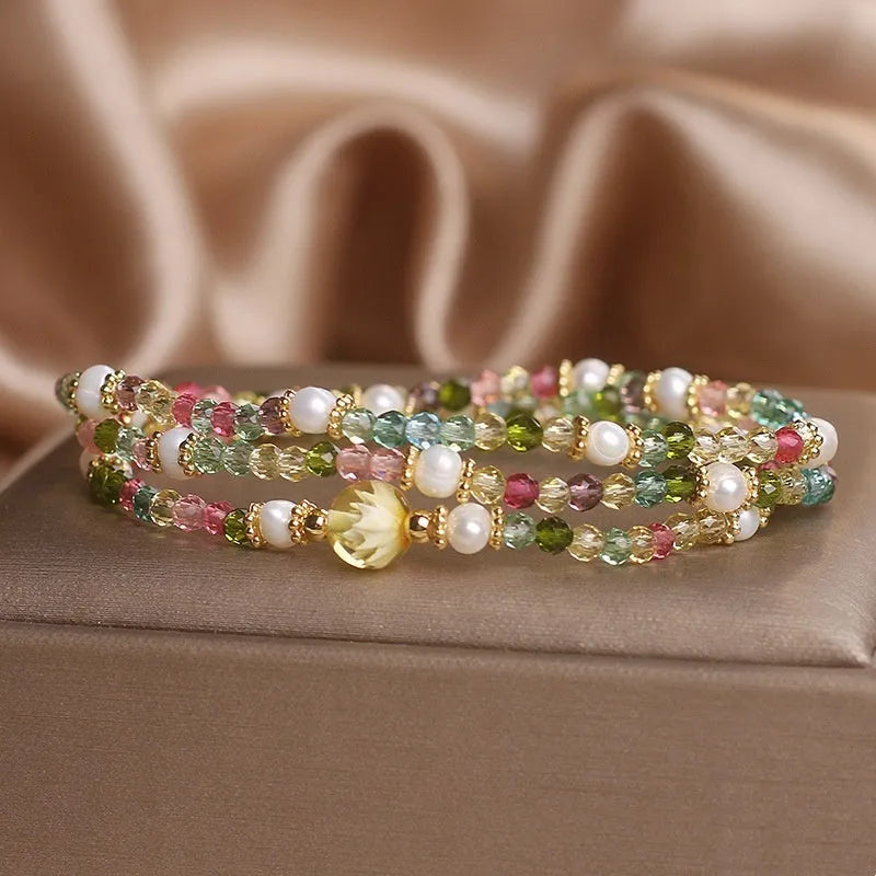 Natural grain of rice tourmaline multi-layer crystal bracelet with three circles of small beads for women