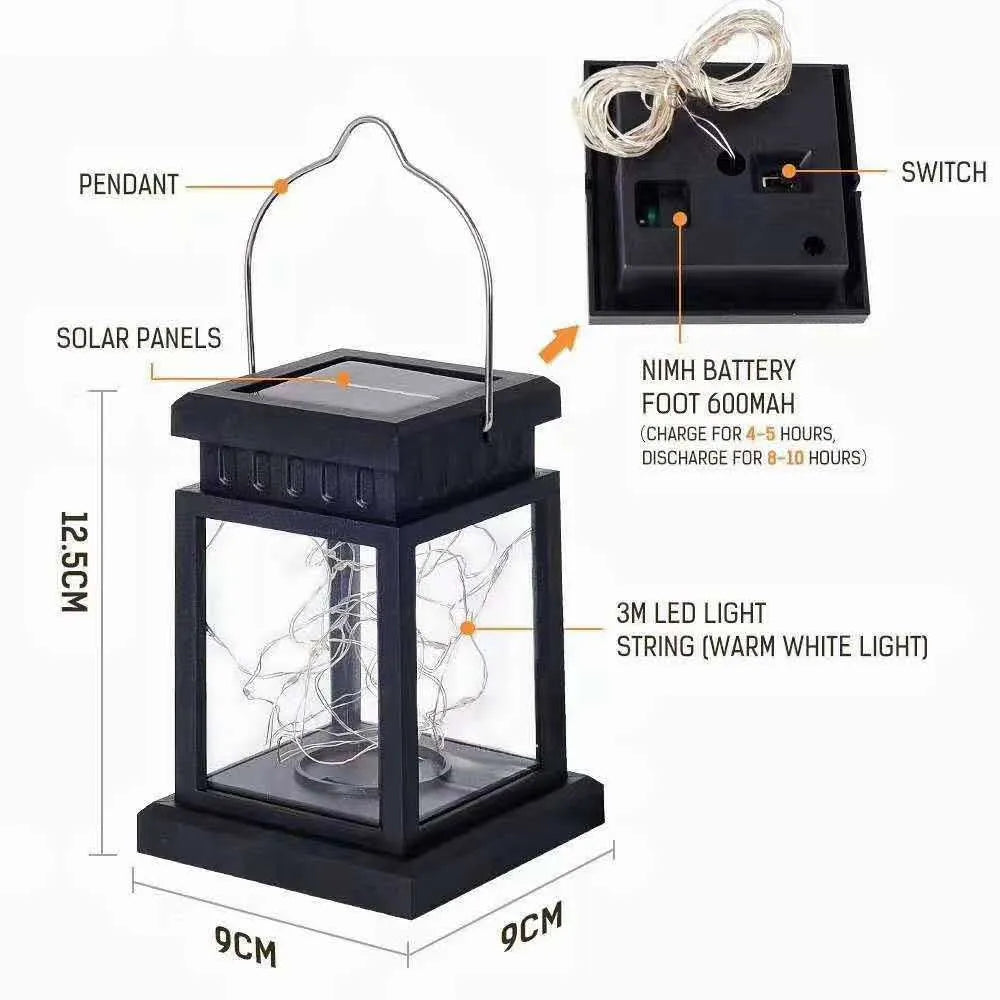Solar garden hanging light, waterproof outdoor lantern, 125mm x 90mm, 30 beads, rustic style, 6-12 hour runtime.
