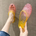 Fashion crystal women's toe-covered non-slip sandals with gradient colour finish, plastic upper and PVC sole, top view