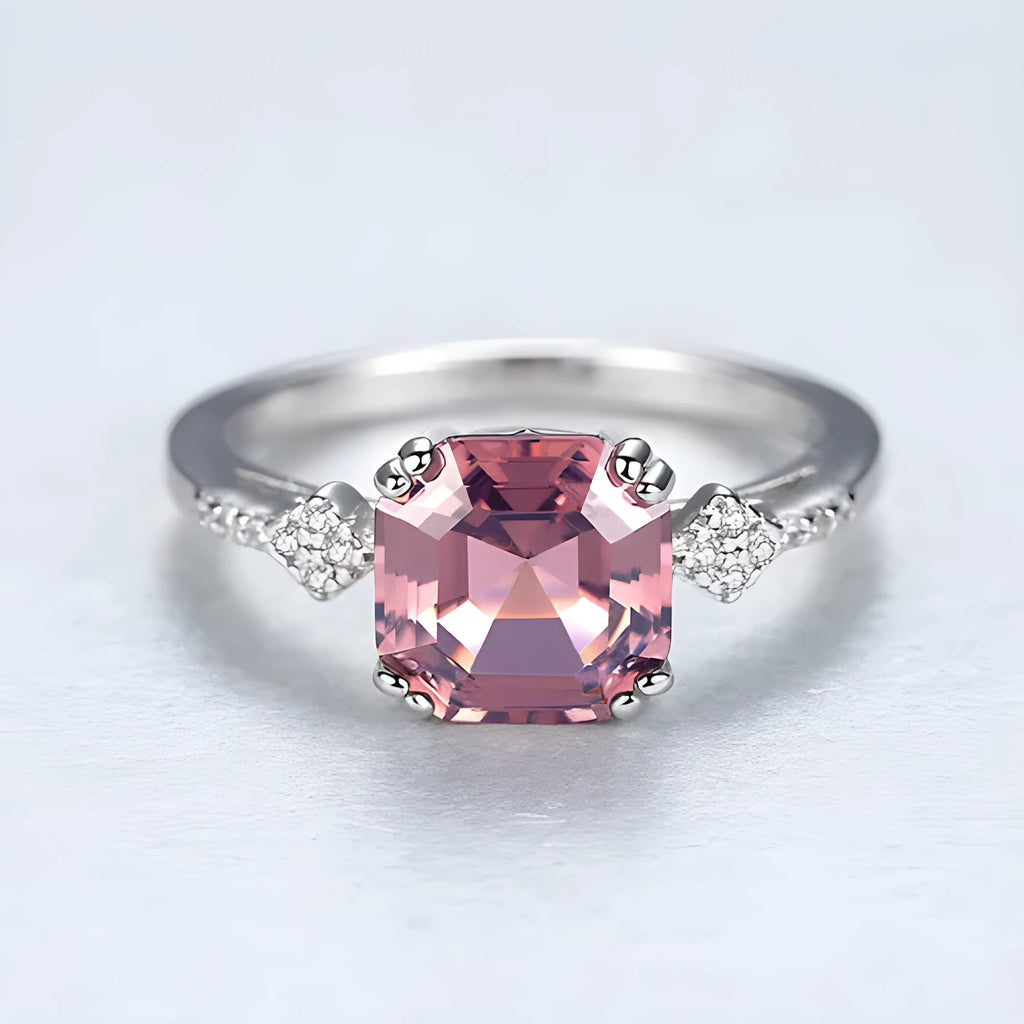 925 silver ring with quadrilateral inlaid Morgan stone in light brown, women's geometric jewellery
