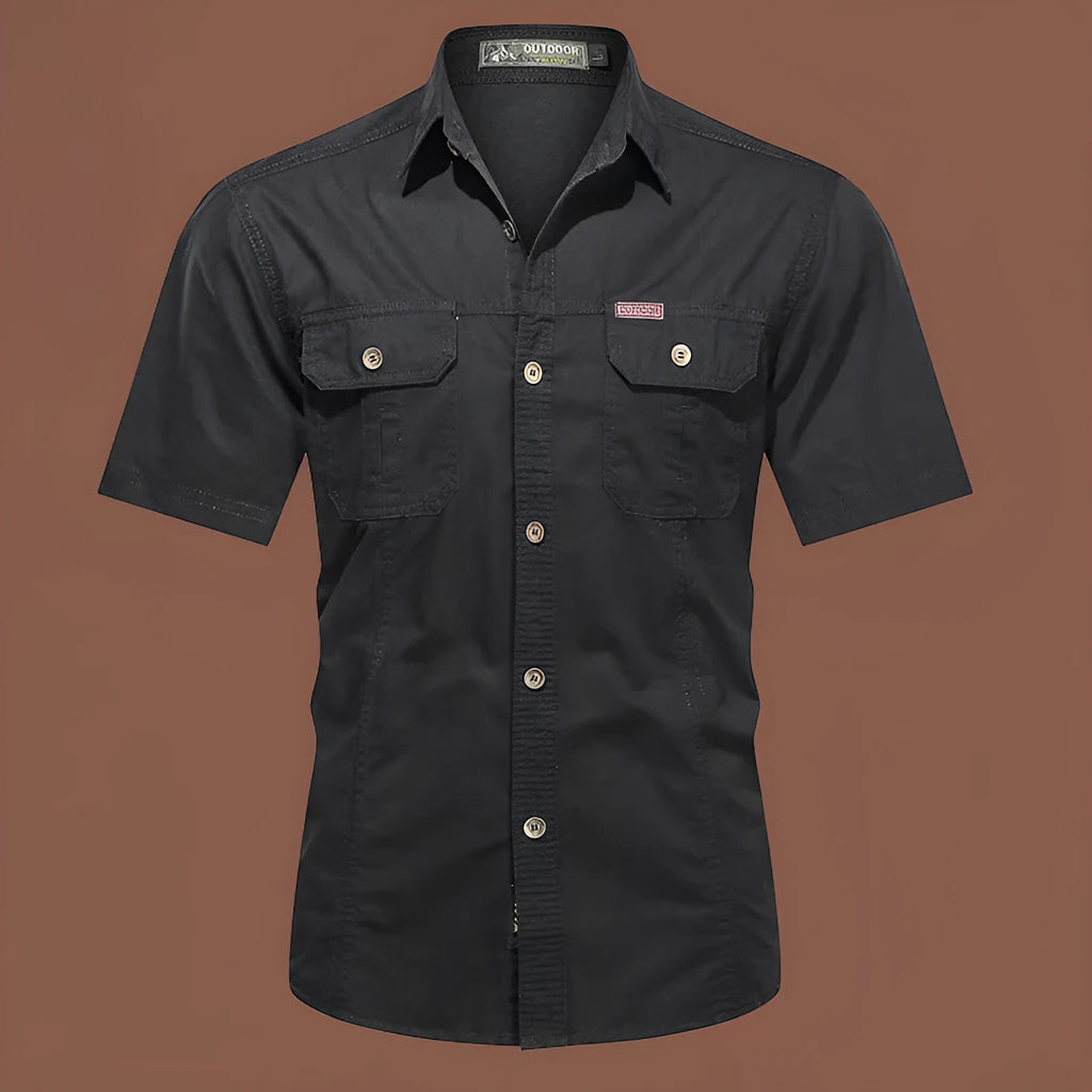 Men's army green cotton work shirt with short sleeves and a cardigan style, laid flat.