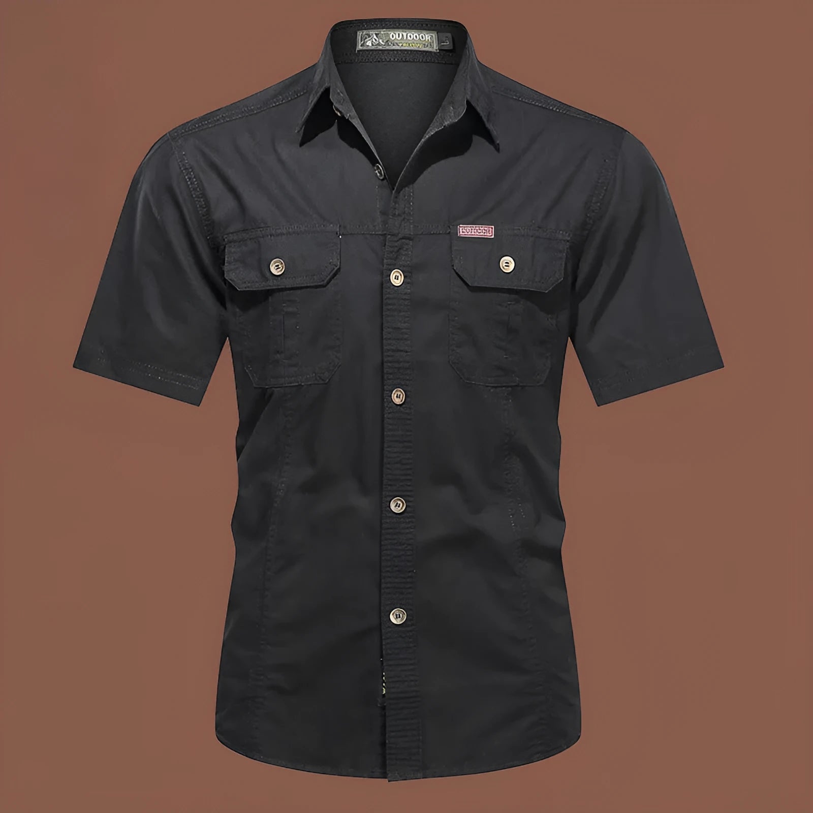 Men's army green cotton work shirt with short sleeves and a cardigan style, laid flat.