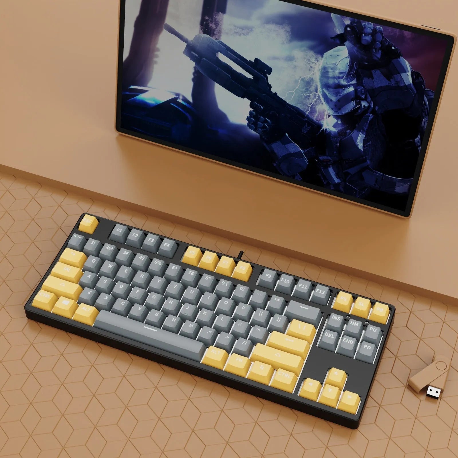 87-key wired mechanical gaming keyboard with hot-swappable switches in dual-colour keycap configuration