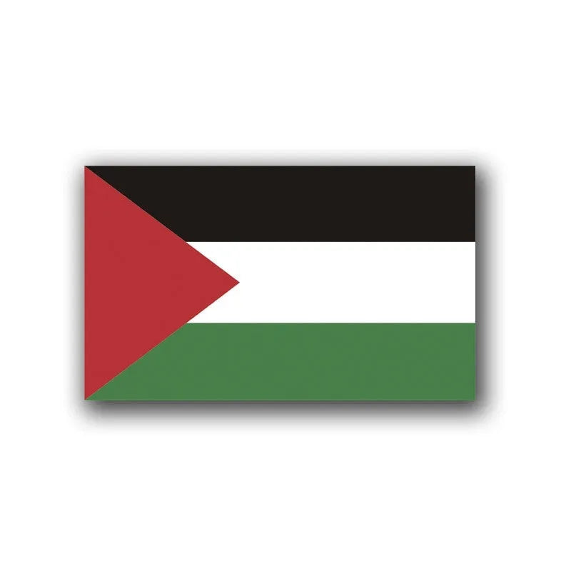 Palestinian flag car decal sticker in PET vinyl on a vehicle bumper.