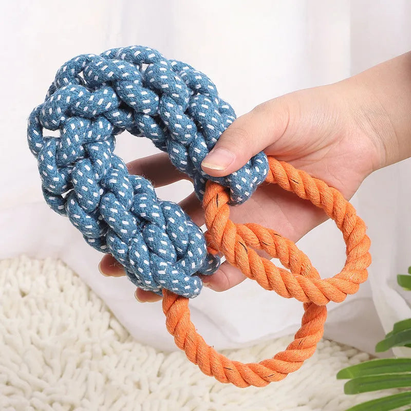 Blue double-ring braided cotton rope dog chew toy with bone shape and textured knots for dental cleaning
