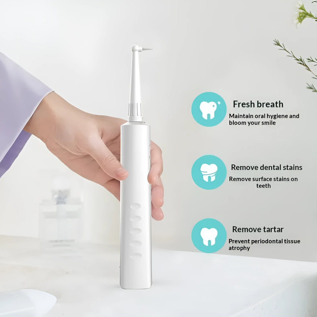 Intelligent ultrasonic tooth cleaner in black, model YJK055, with 300mAh battery and IPX6 waterproof rating