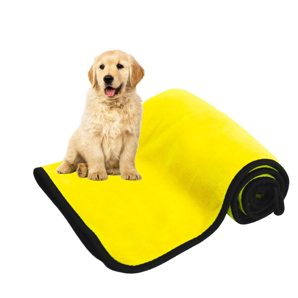 Yellow microfiber dog drying towel with hook loop, super absorbent for pets