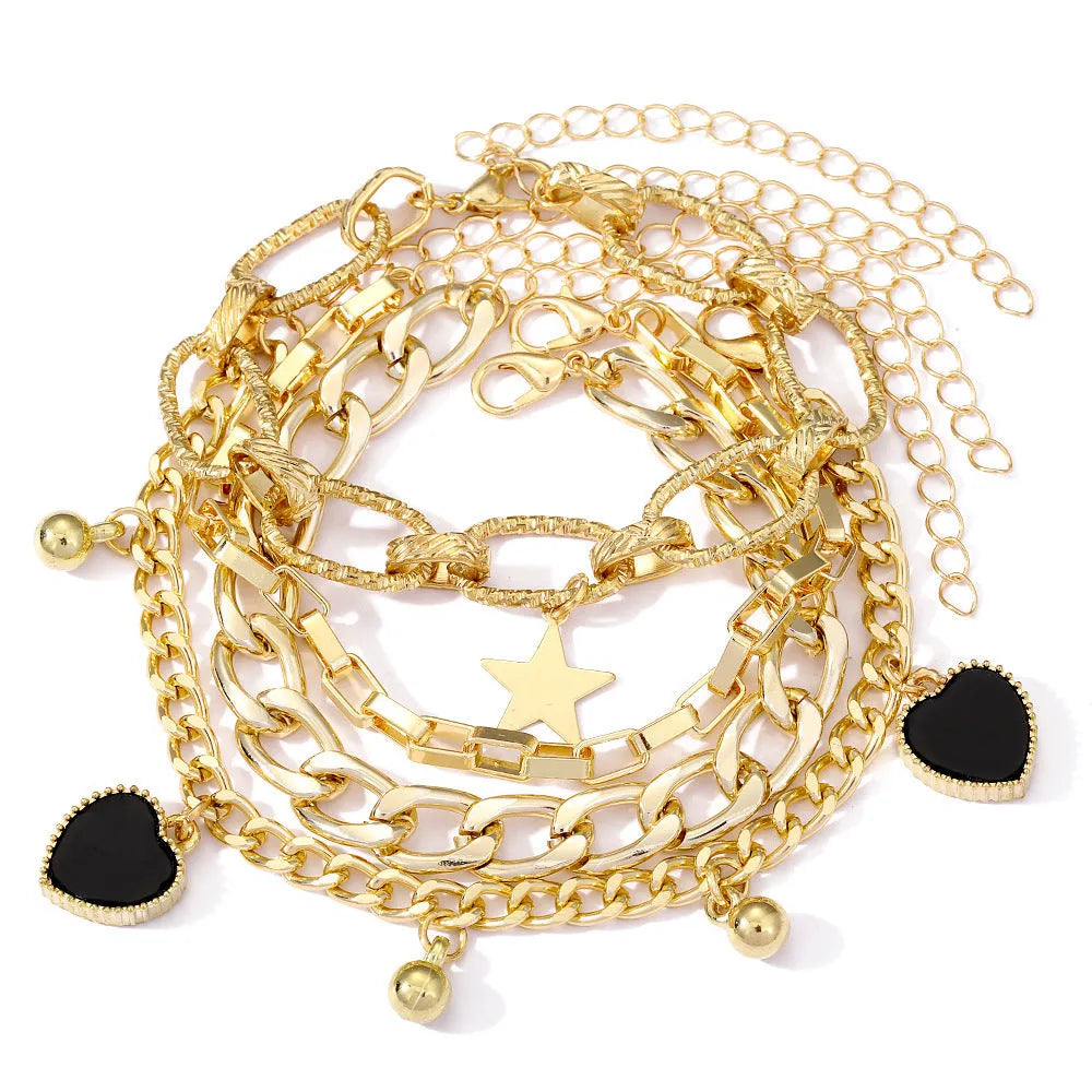 Black peach heart bracelet with multi-layer alloy chain, five-pointed star and heart charms, retro simple design