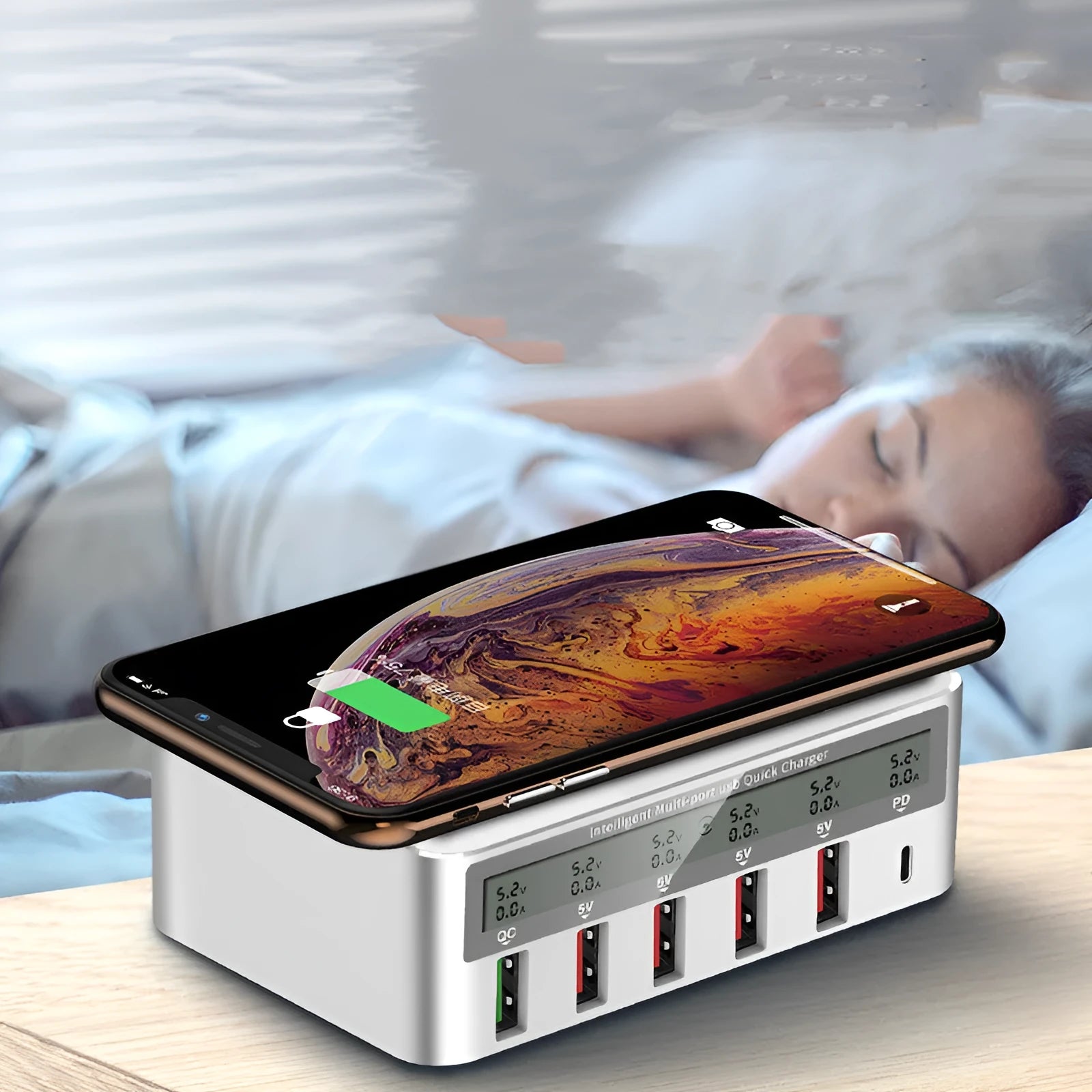 QC30 50W six-port USB desktop charger with optional wireless pad and UK plug.