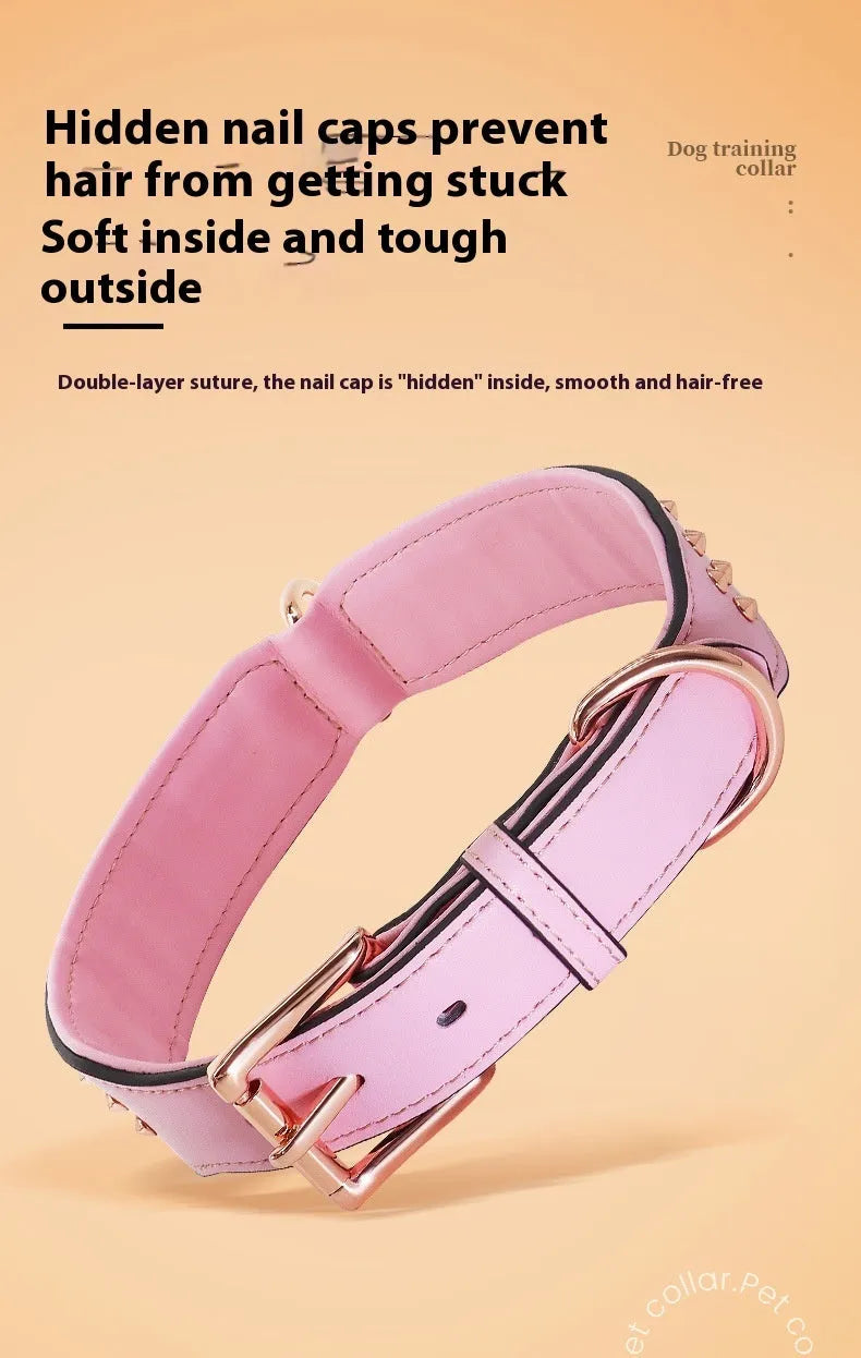 Leather dog collar with anti-bite rivets and a metal D-ring in black colour