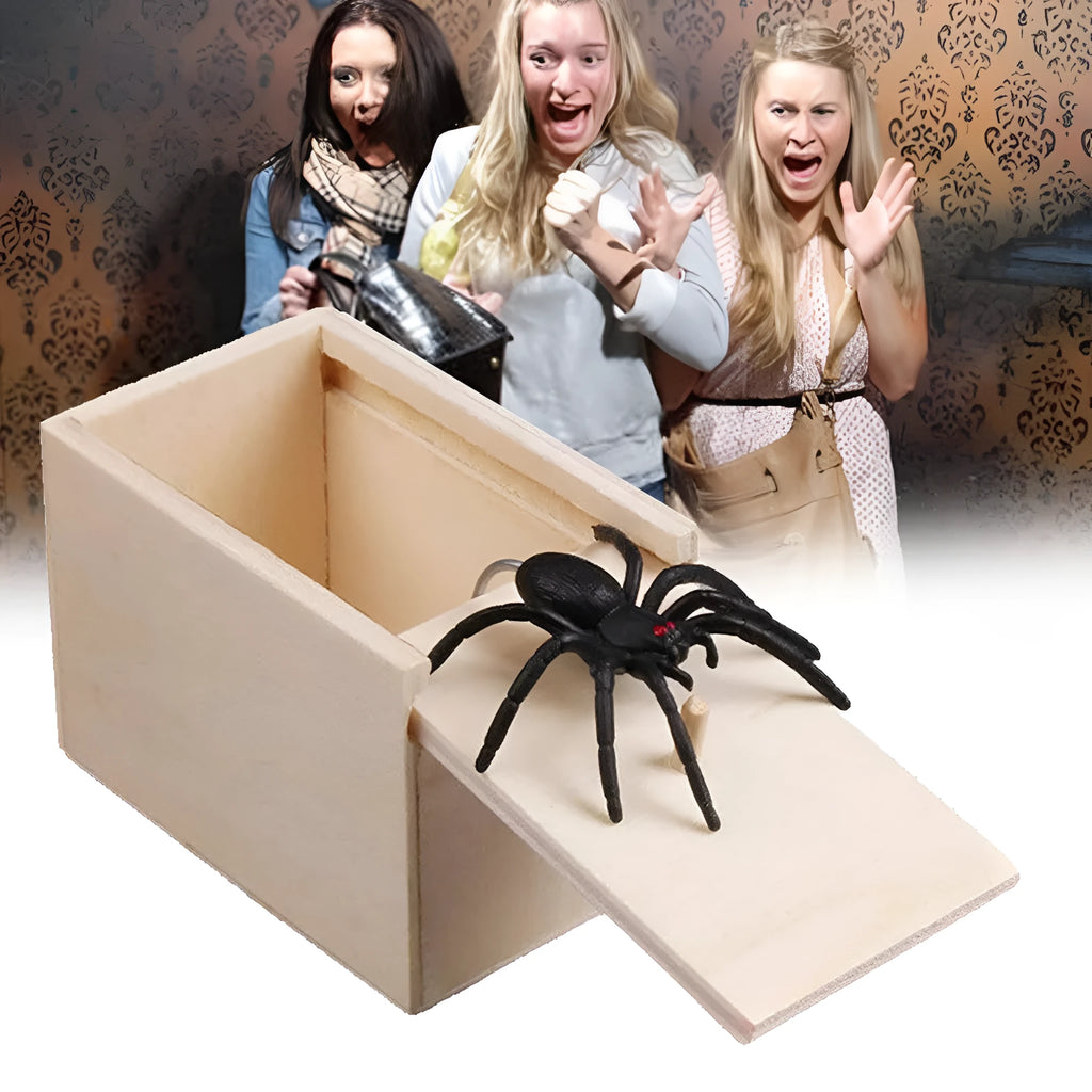 A closed wooden prank scare box measuring 9.1 cm, with a random lifelike animal inside ready to jump out.