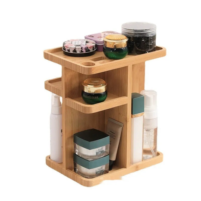 Bamboo multi-layer rotating storage rack with grid shelves in solid colour