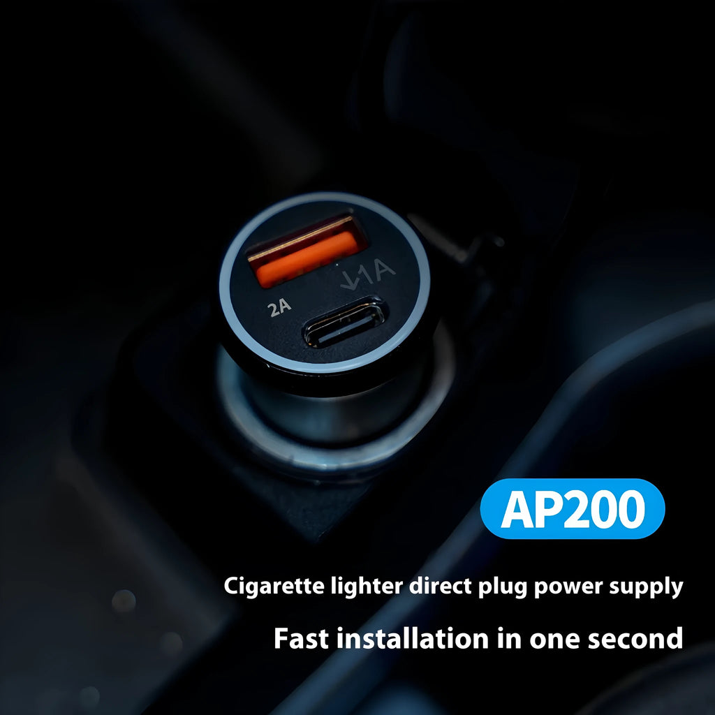 Black car GPS locator device plugged into a vehicle's 12V power socket for tracking.