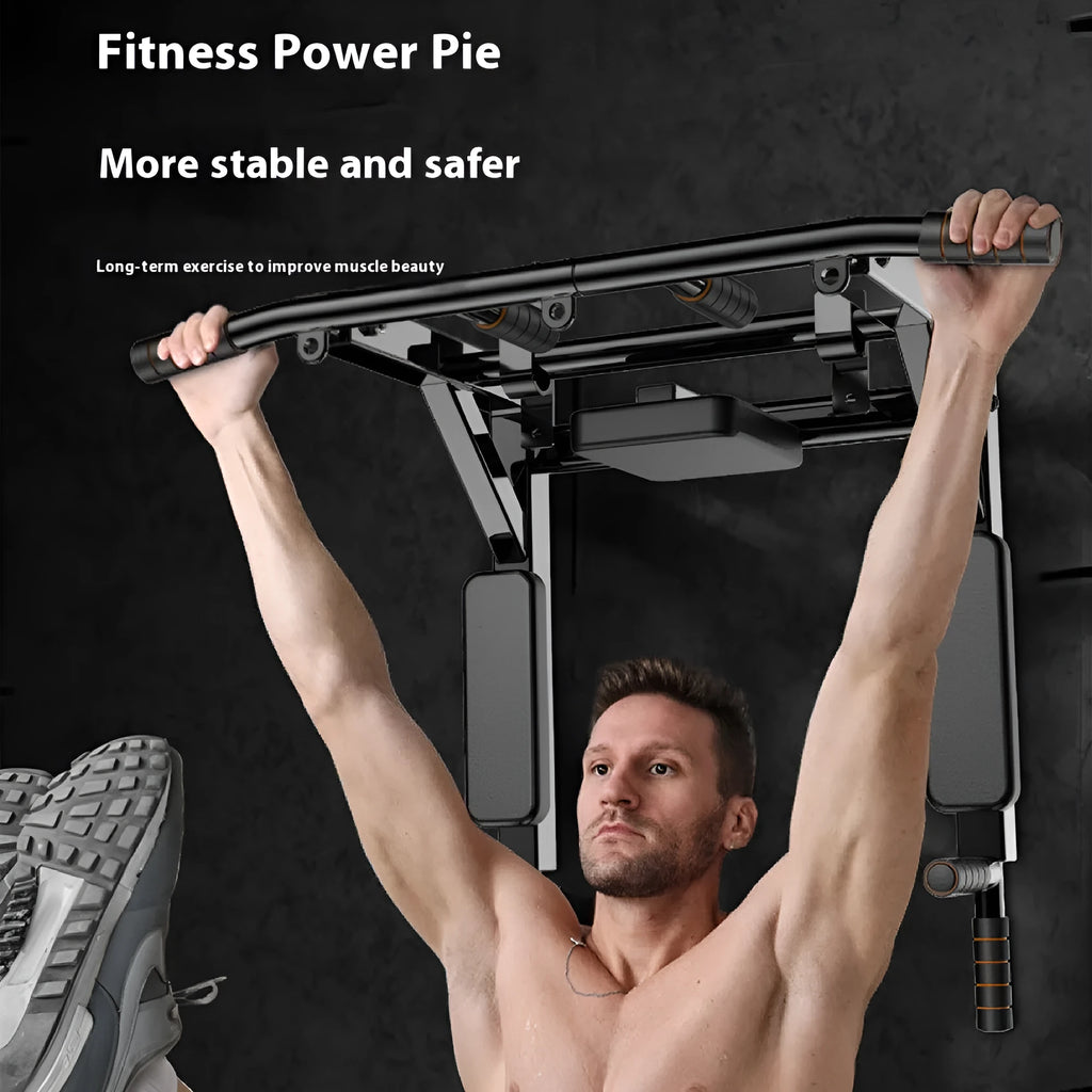 Black wall-mounted steel fitness rack with a sandbag holder and parallel pull-up bars.
