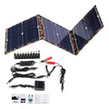 Black foldable 36W portable solar panel with car charger and USB accessories unfolded to 87cm width