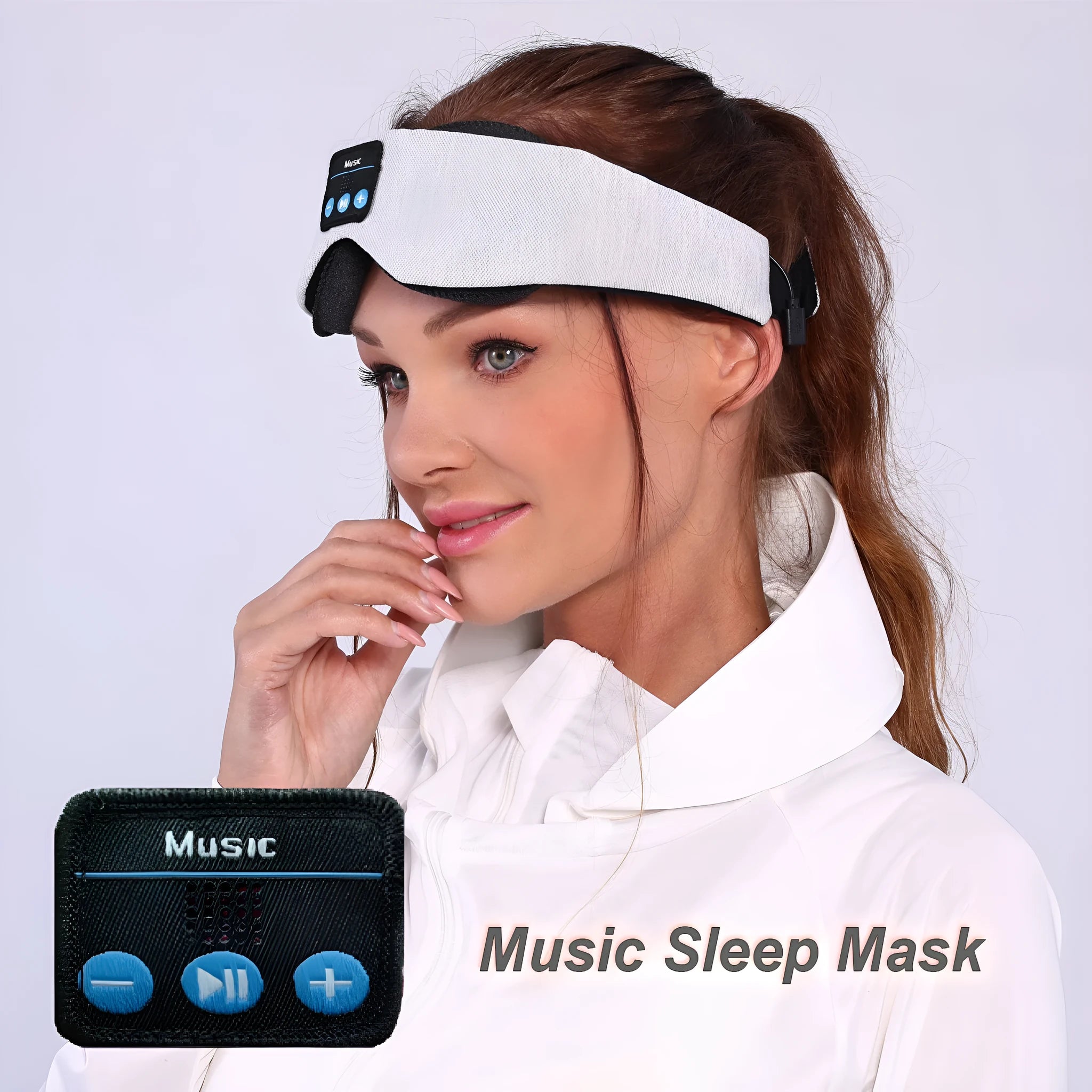 Grey outline Bluetooth sleeping eye mask with adjustable head strap on neutral background