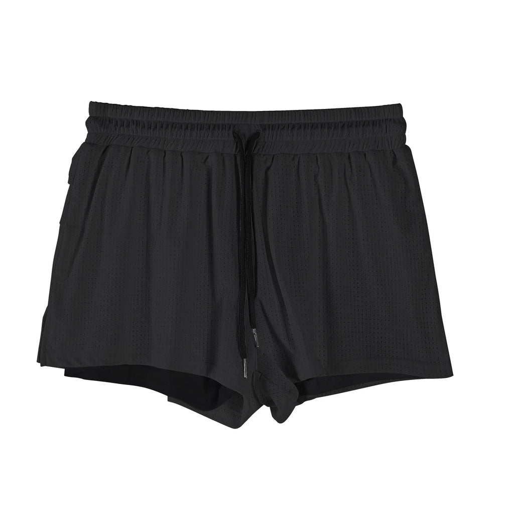 Men's quick-drying nylon shorts in black on a white background, showing mid-waist and short length.