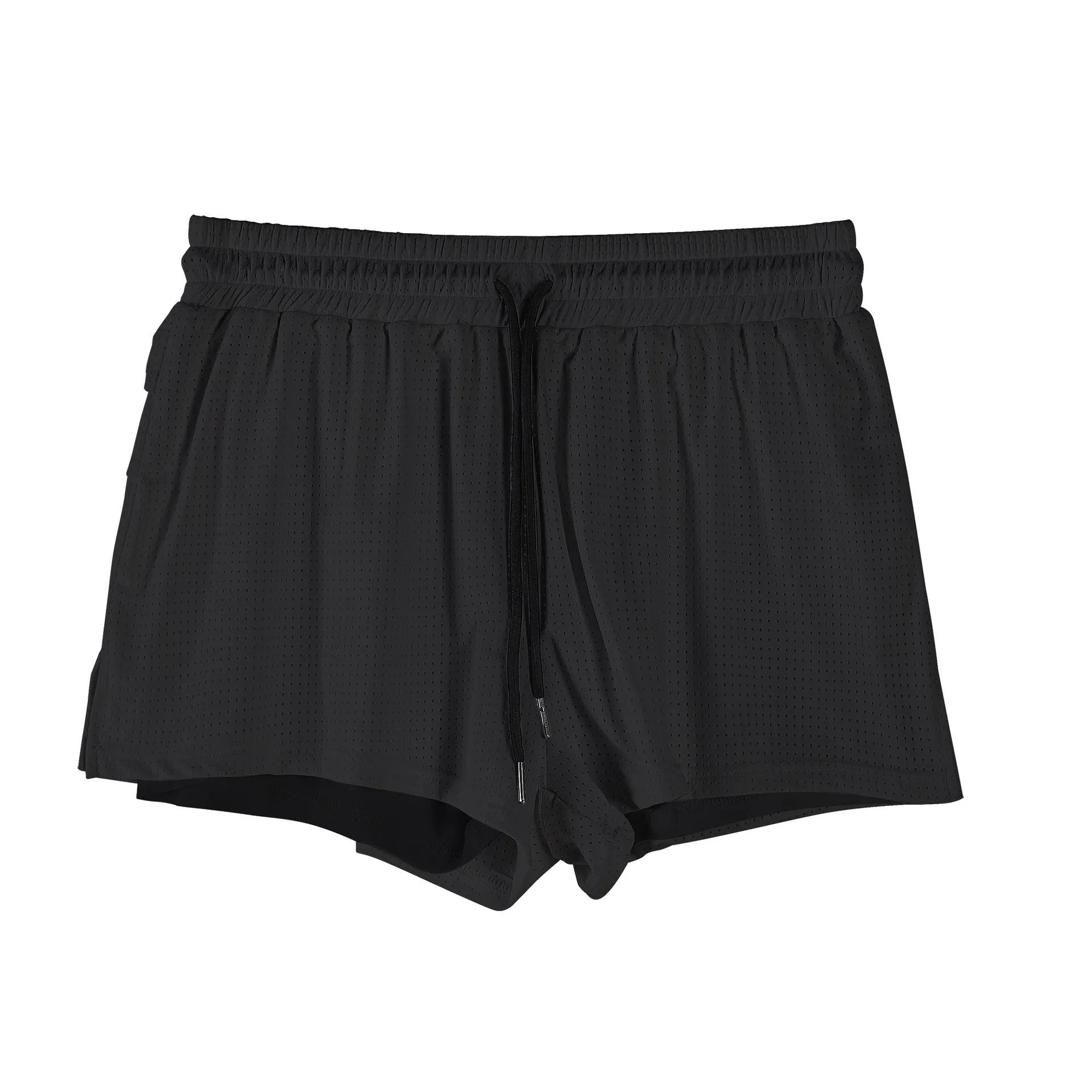 Men's quick-drying nylon shorts in black on a white background, showing mid-waist and short length.