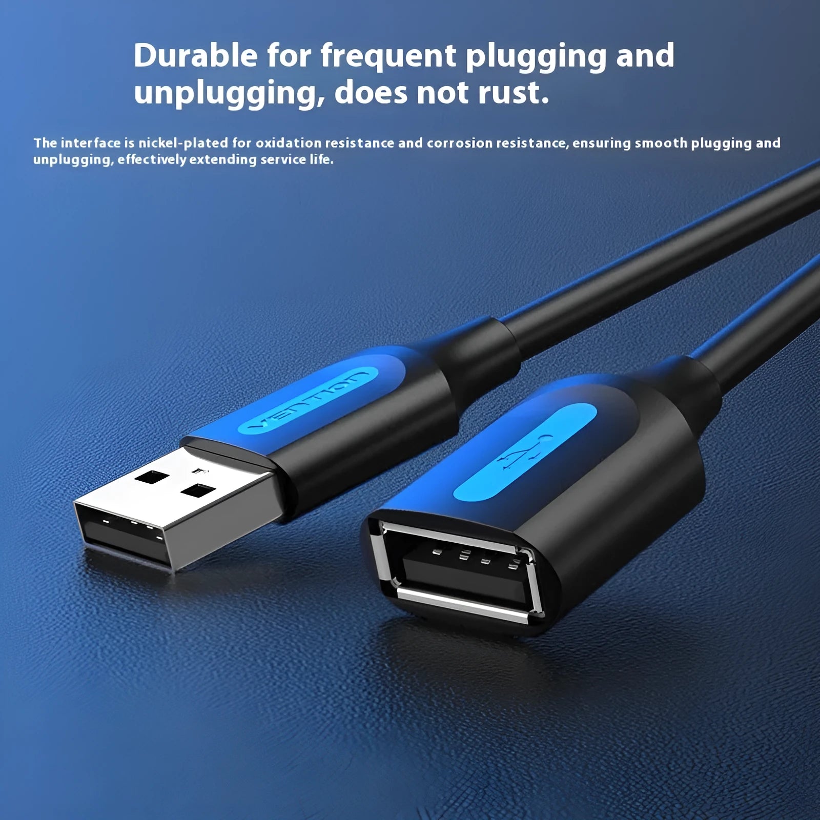 Black USB A Male to AM male extension cable with straight head connectors on a white background.