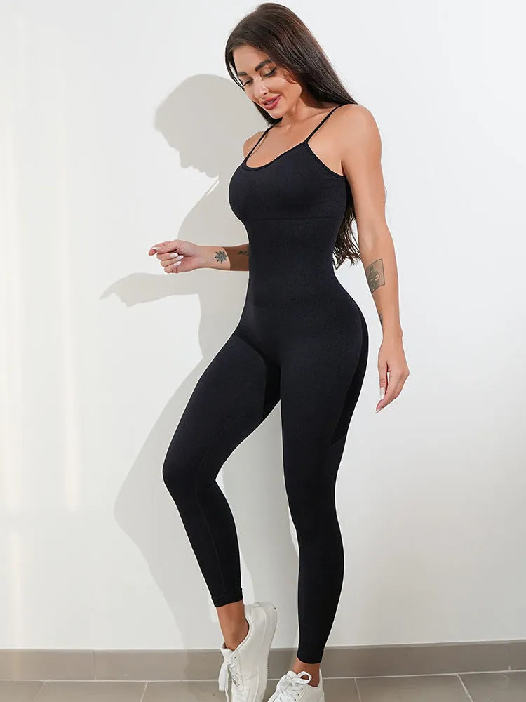 Women's black sleeveless jumpsuit with spaghetti straps and tummy control