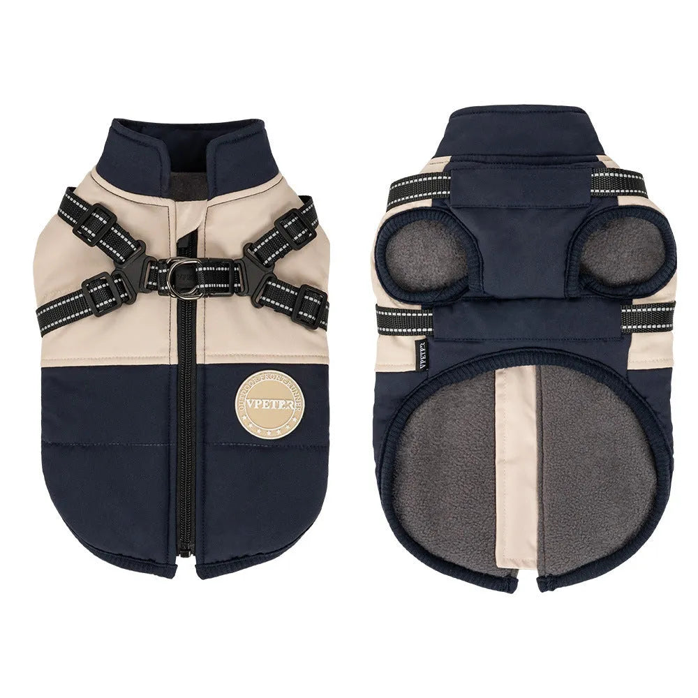 Pet dog windproof chest back integrated coat in navy blue British style polyester