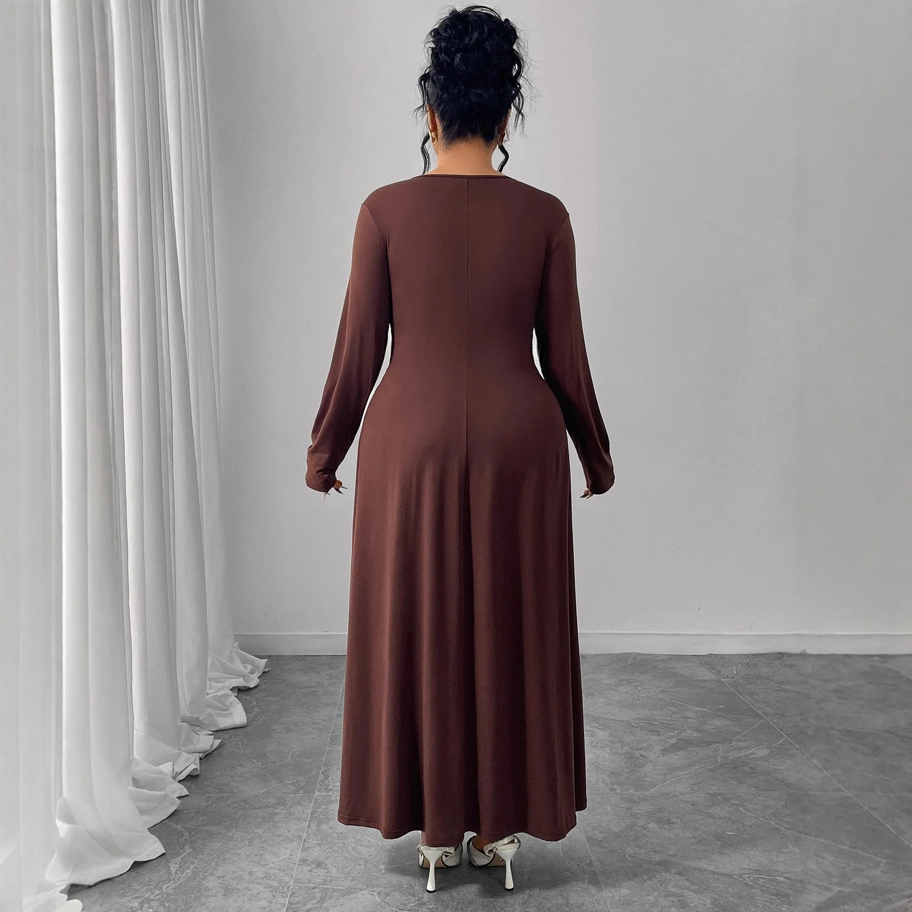 Women's printed high-waisted dress in coffee colour, made from polyester, available in sizes XL to 4XL