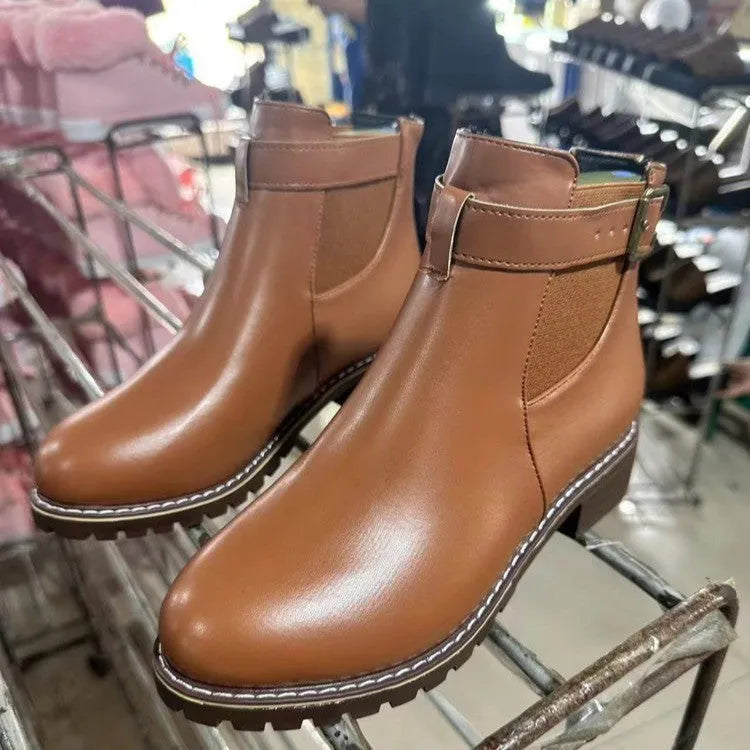 Women's round toe ankle boots with belt buckle decoration in black or chocolate brown