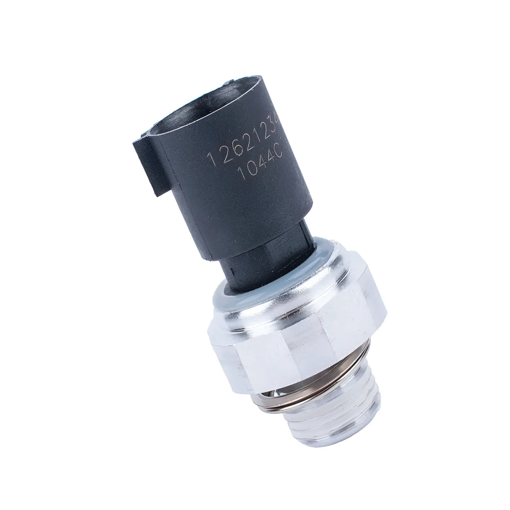 Silver-coloured automobile fuel pressure sensor for engine management systems.