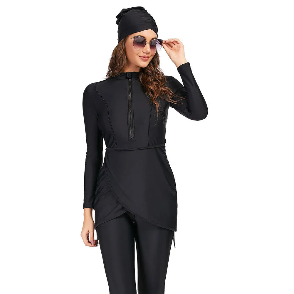 Black conservative Muslim swimsuit for ladies with long sleeves and full-length trousers