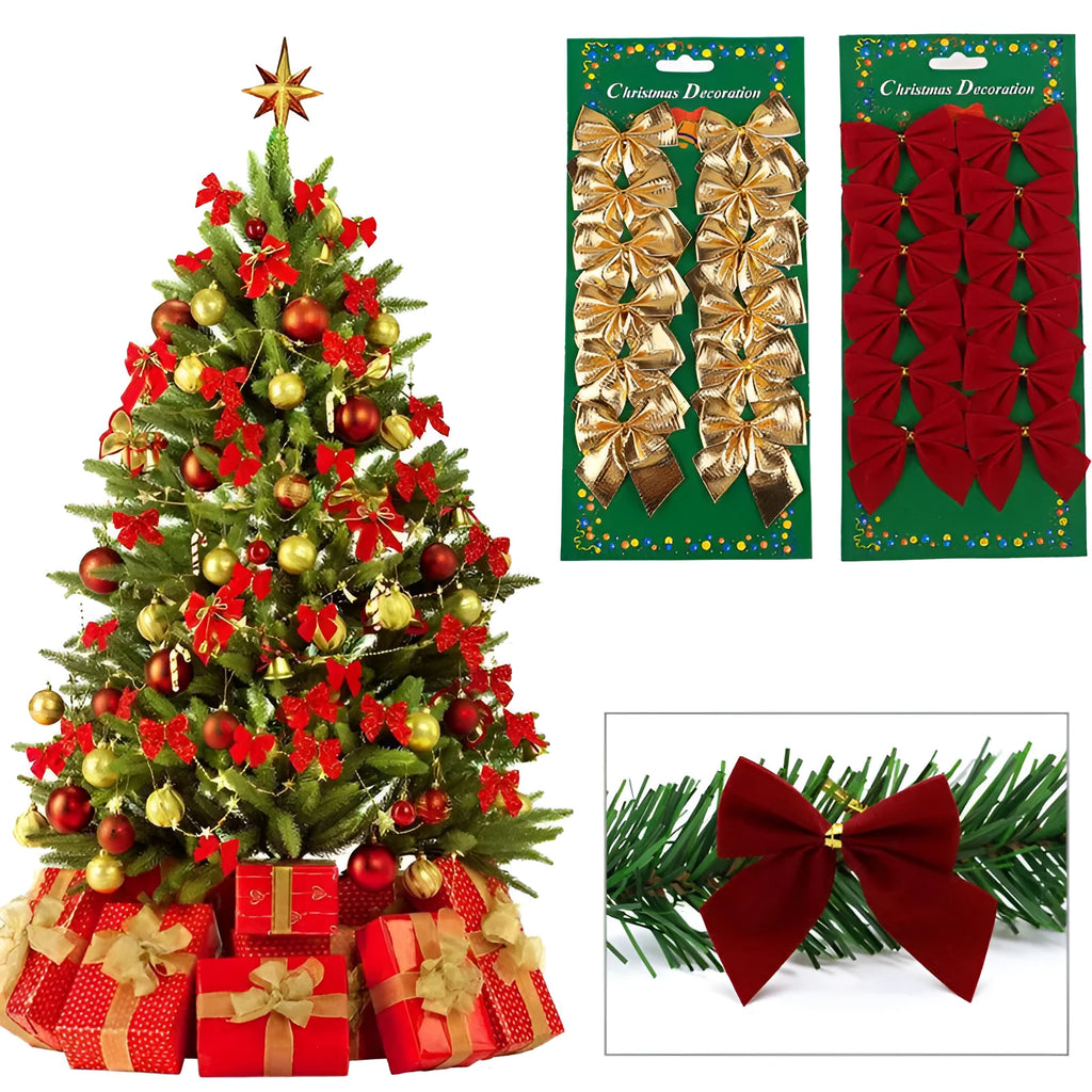 A 5 cm wide red and gold polyester Christmas decoration bow.