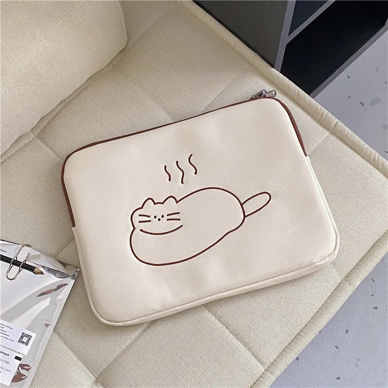 Nylon tablet protective sleeve with zip and embroidered fat cat design