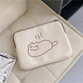 Nylon laptop sleeve with embroidered cat design and zipper closure, shown in small and large sizes.