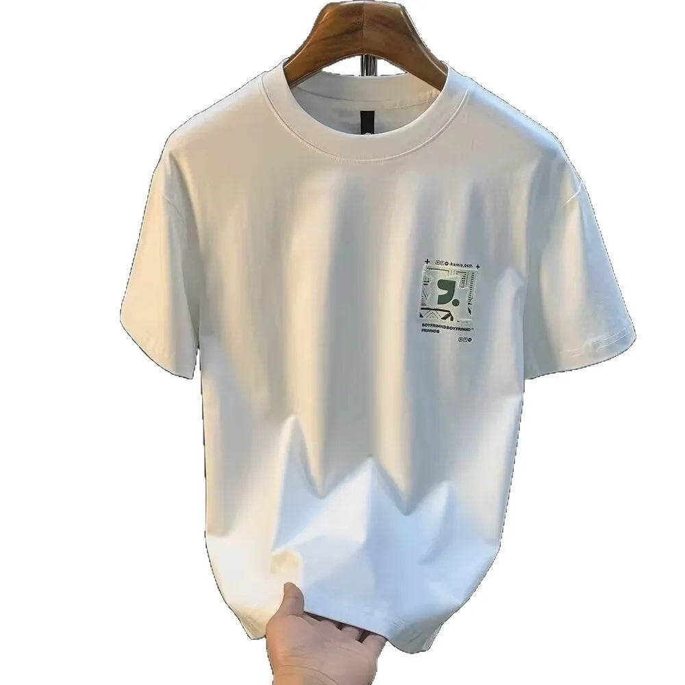 Men's milk silk loose half sleeve t-shirt with bold letter print in black, front view