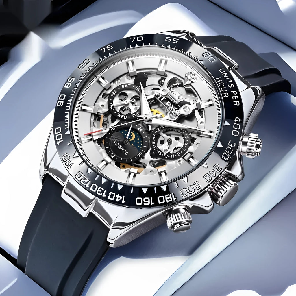 Automatic mechanical men's watch in alloy, available in black, blue, gray, rose black and white