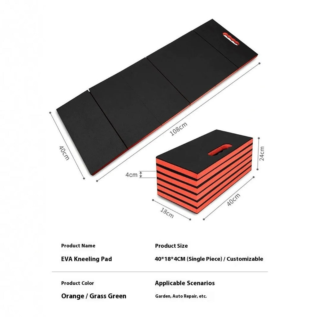 Grey EVA foam folding kneeling mat for car repairs, shown unfolded on a garage floor.