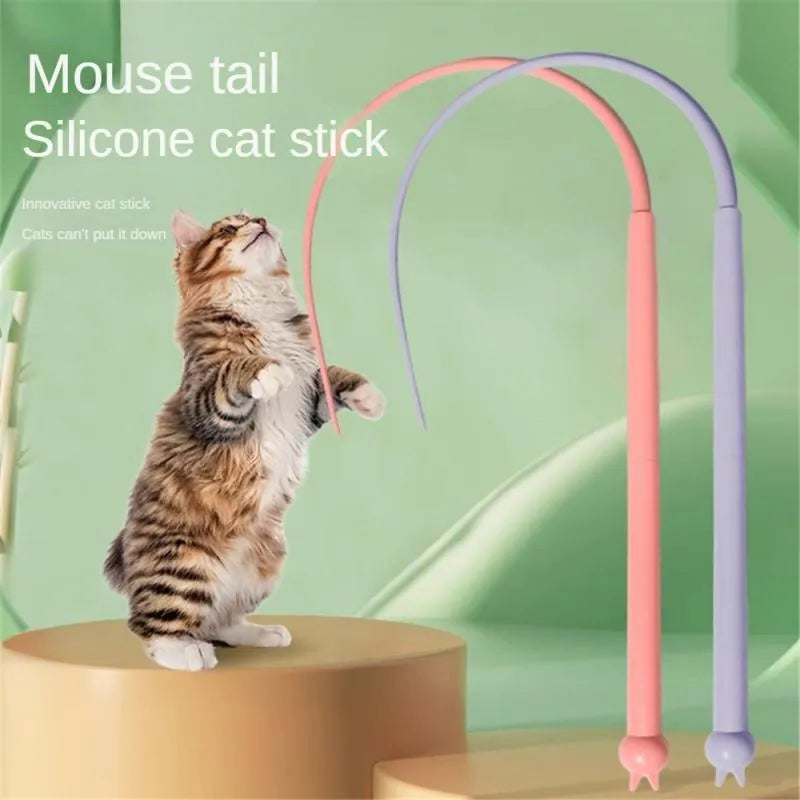Simulated mouse tail cat toy with blue silicone tail and cat head handle